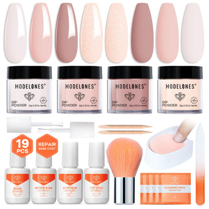 Modelones Dip Powder Nail Kit – 4-Color Nude Pink Glitter Set with Liquid & Tools, No Lamp Needed, DIY Home Manicure