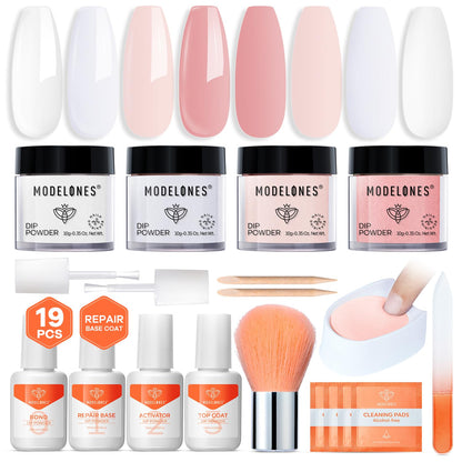 Modelones Dip Powder Nail Kit – 4 Colors + Liquid Set, No Lamp Needed, DIY French Manicure