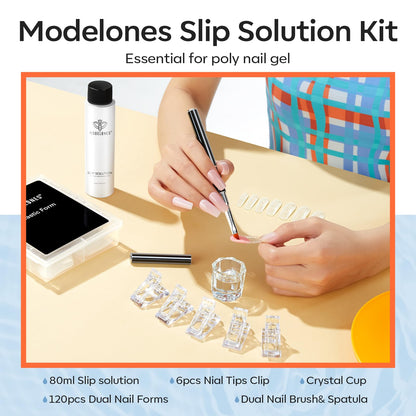 Modelones Slip Solution for Poly Gel – 2.8oz Anti-Stick Liquid with 120 Dual Nail Forms Kit