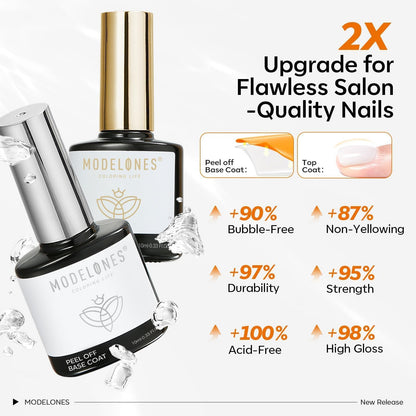 modelones Peel Off Base Coat & Gel Top Coat Set – No-Wipe Top Coat, Easy Peel, 2x10ml, Beginner Nail Art