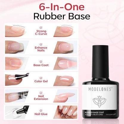 modelones Rubber Base Builder Nail Gel Polish — 6-in-1 Strengthener & Extension (6-Color Set)