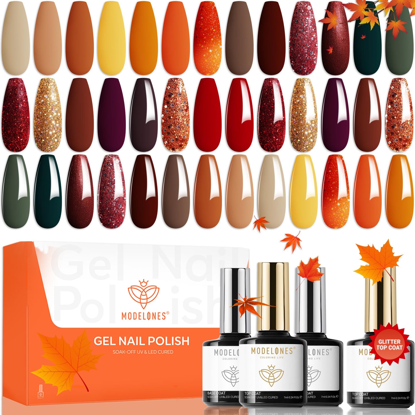 Modelones 20 Colors Gel Nail Polish Kit – Fall/Winter Set with Glitter, Glossy & Matte Top Coats, No-Wipe Base, DIY Manicure at Home