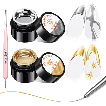 modelones Chrome Gold Silver Gel Liner Nail Polish – Metallic Mirror Nail Art Kit with Double Head Brush