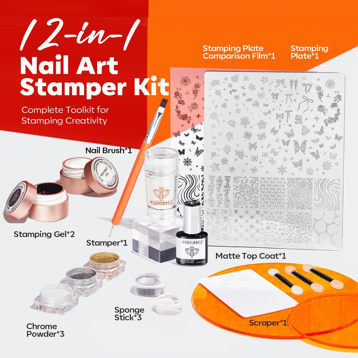 Modelones 16 PCS Gel Nail Stamping Plate Set – French Tip Kit, Chrome Powder, Matte Top Coat