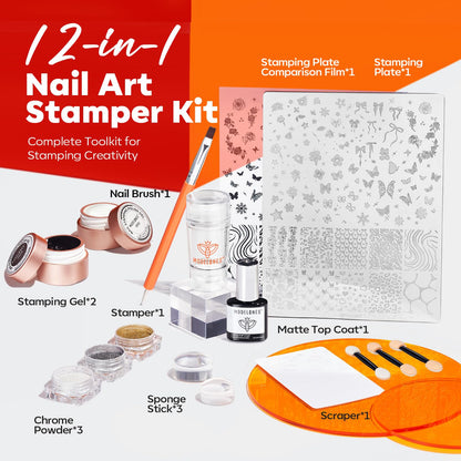 Modelones 16 PCS Gel Nail Stamping Plate Set – French Tip Kit, Chrome Powder, Matte Top Coat