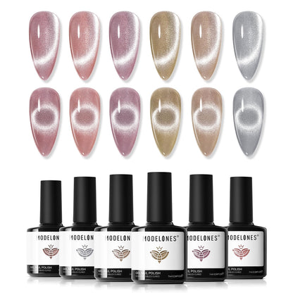 Modelones Gel Nail Polish Set – 6 Nude Pink Cat Eye Polishes + Magnetic Stick (9D Glassy)