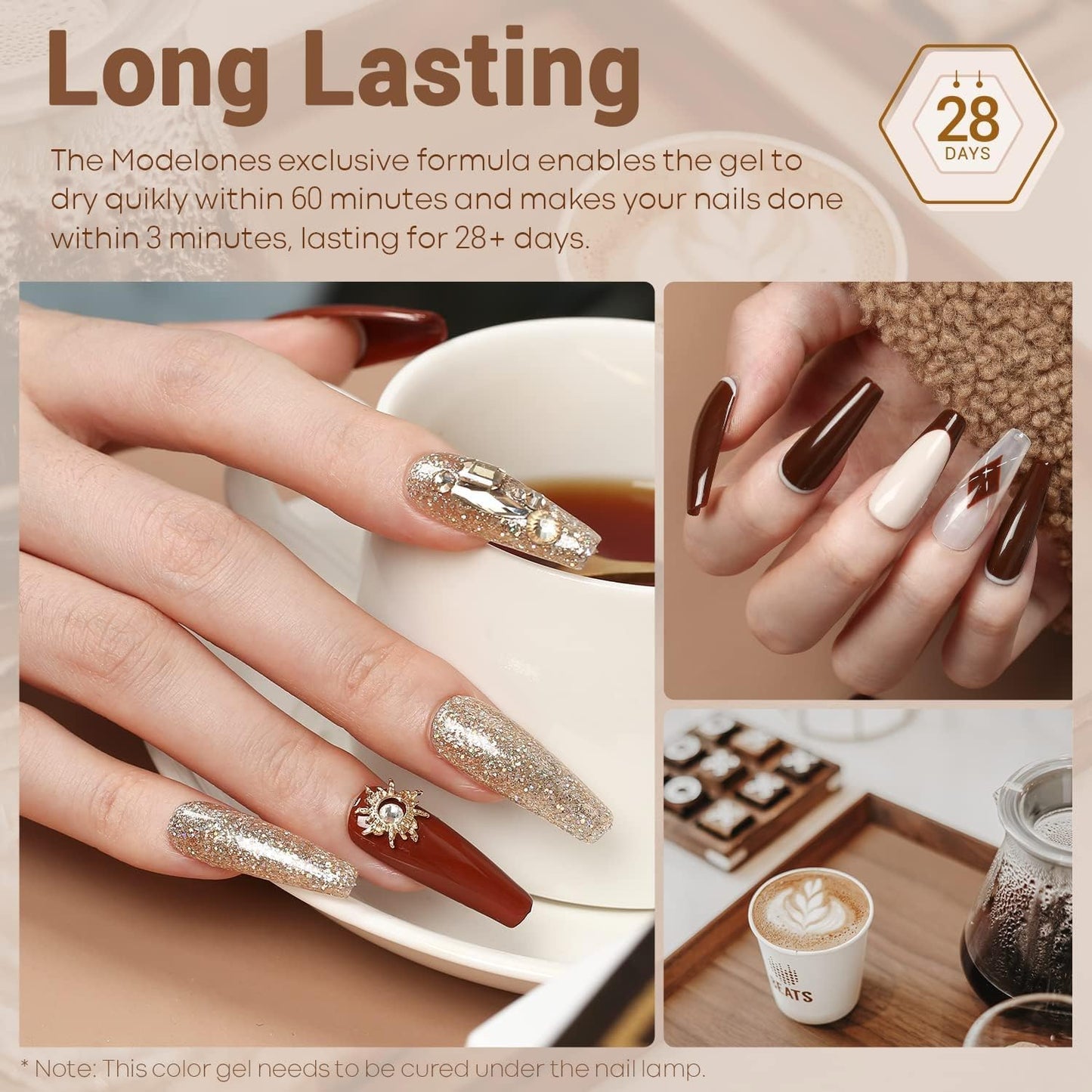 Modelones Gel Nail Polish Set — 12 Winter Neutral Browns with Gold Glitter | 7ml Bottles
