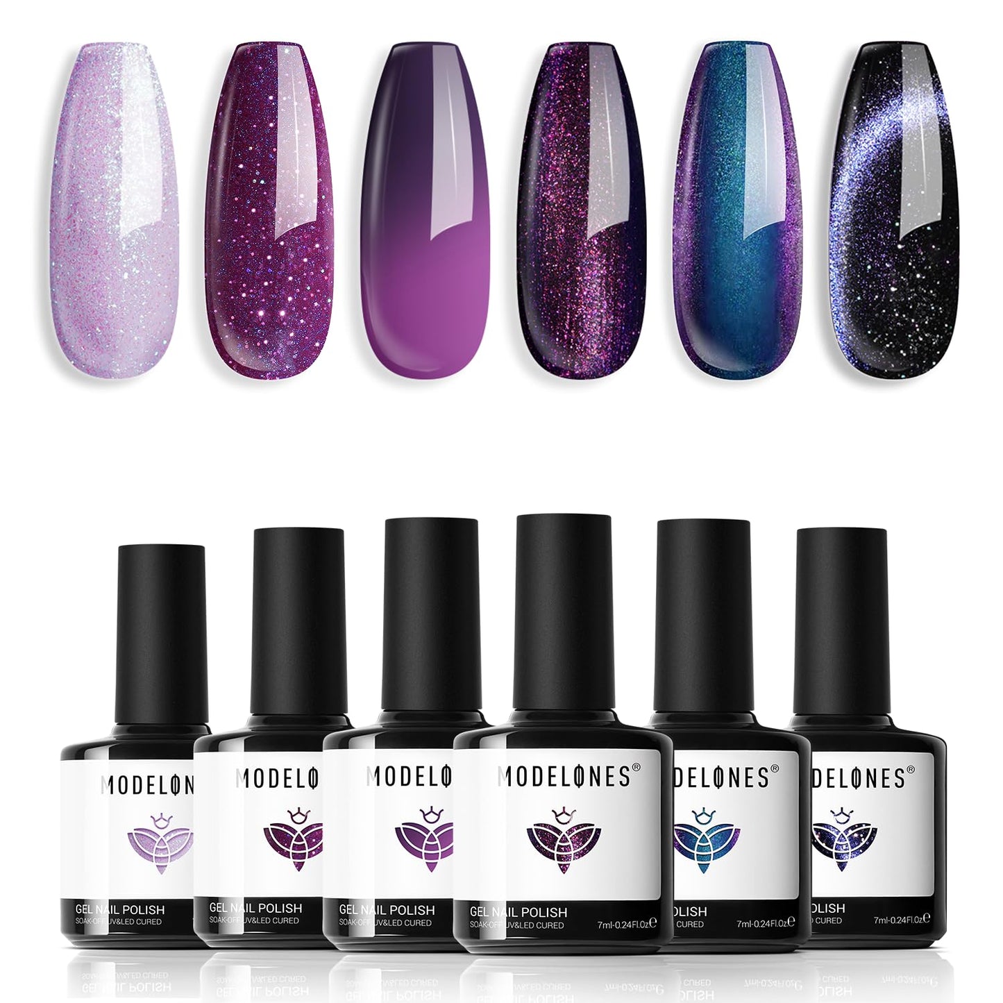 Modelones Gel Nail Polish Set – 6 Colors 9D Cat Eye Glitter with Magnet