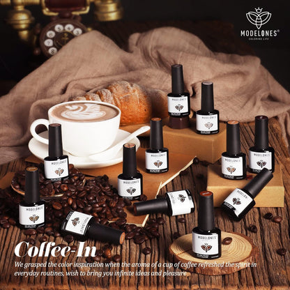 Modelones Gel Nail Polish Set — 12 Winter Neutral Browns with Gold Glitter | 7ml Bottles