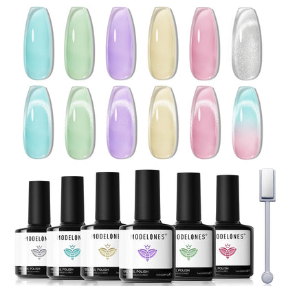 modelones Gel Nail Polish Set — 6 Colors for Spring 2026, Silver Cat Eye & Jelly Pastels