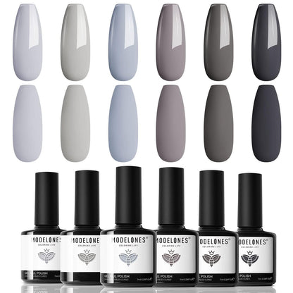 Modelones Grey Gel Nail Polish Set – 6 Colors (Winter Gray Tones) | Soak Off LED Kit