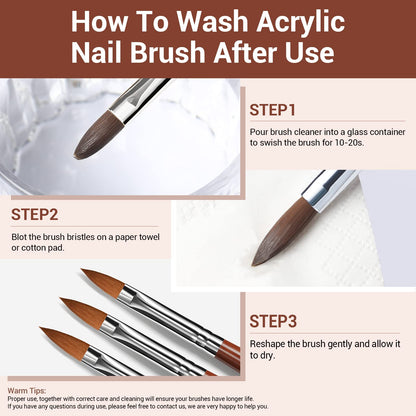 Modelones Kolinsky Acrylic Nail Brush Set – 3 Round Brushes (8/10/12) with Wooden Handle