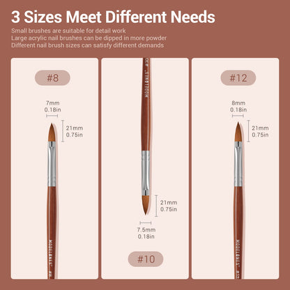 Modelones Kolinsky Acrylic Nail Brush Set – 3 Round Brushes (8/10/12) with Wooden Handle