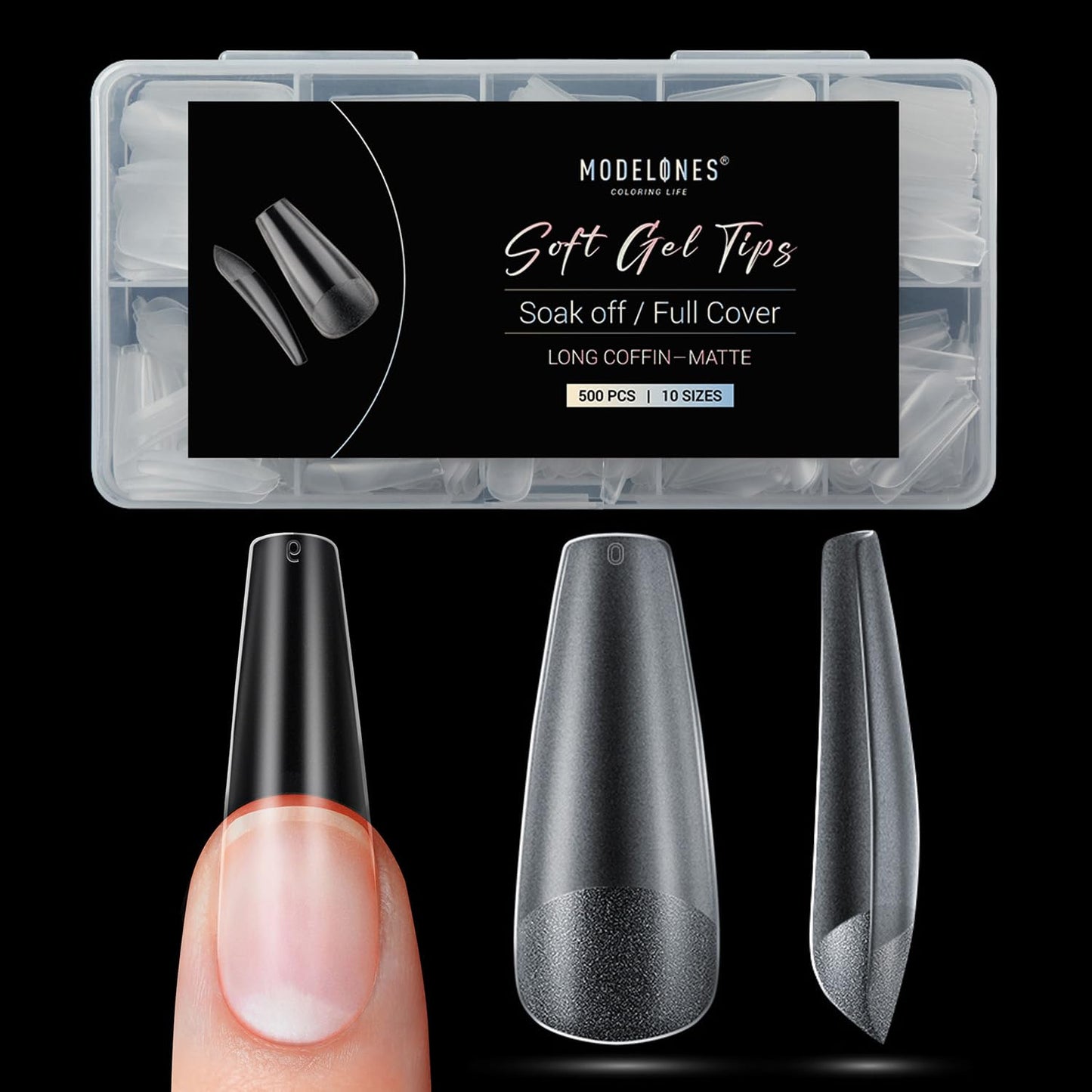 Modelones Long Coffin Nail Tips – 500 Pcs, 10 Sizes, Full Matte, Strong Adhesion for Natural-Looking Extensions