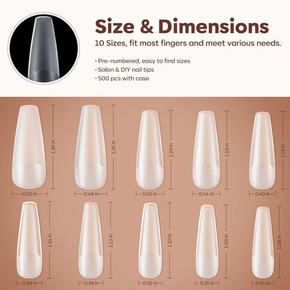 Modelones Long Coffin Nail Tips – 500 Pcs, 10 Sizes, Full Matte, Strong Adhesion for Natural-Looking Extensions