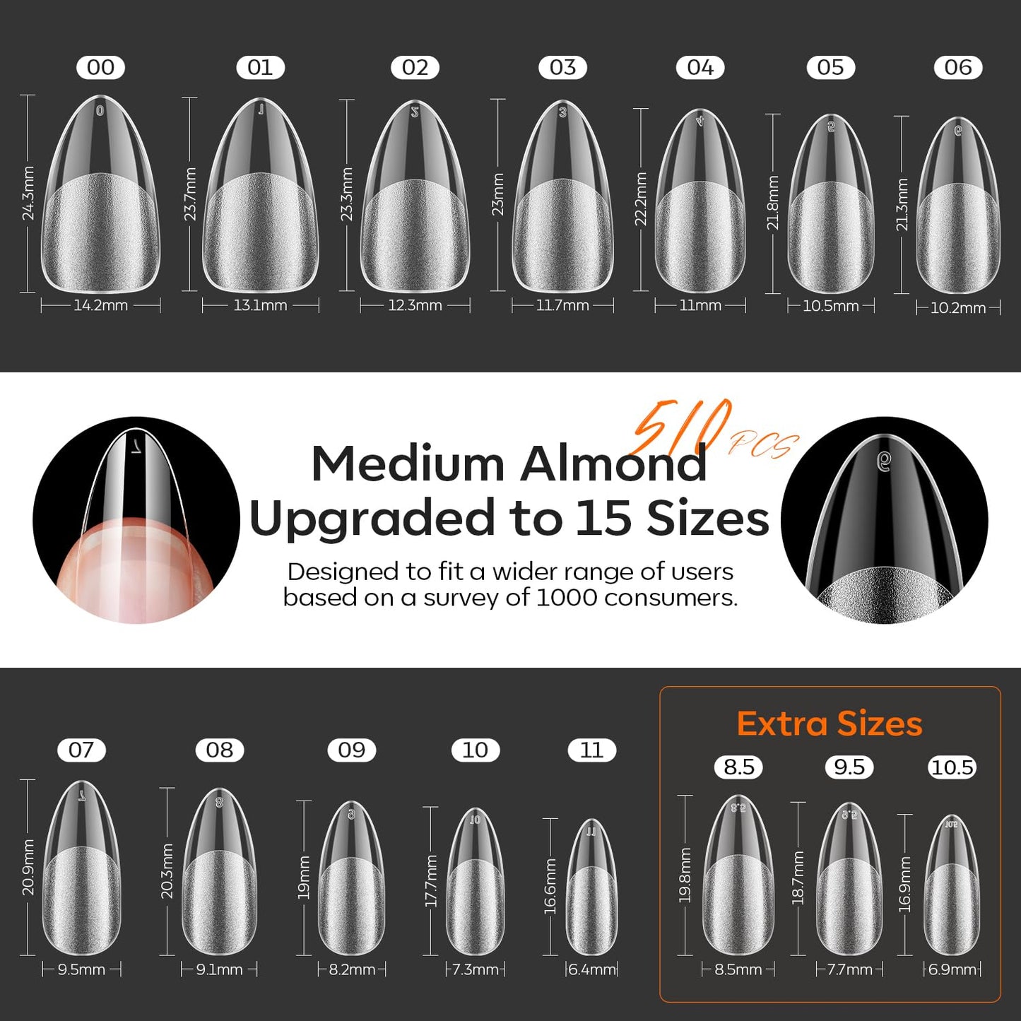 Modelones X Nail Gel Kit Almond: 510 Tips, Gooseneck LED Lamp, 10-in-1 Glue & Dehydrator
