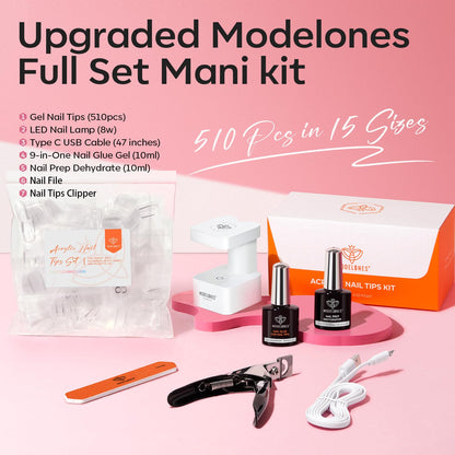 Modelones X Nail Gel Kit: 510 Short Oval Tips, 9-in-1 Glue, UV/LED Lamp