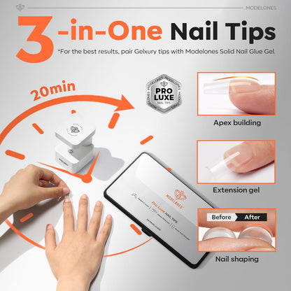 modelones Pro Luxe Instant Nail Apex Tips – Medium Square Pre-Built Extension, 240 Pcs, 15 Sizes