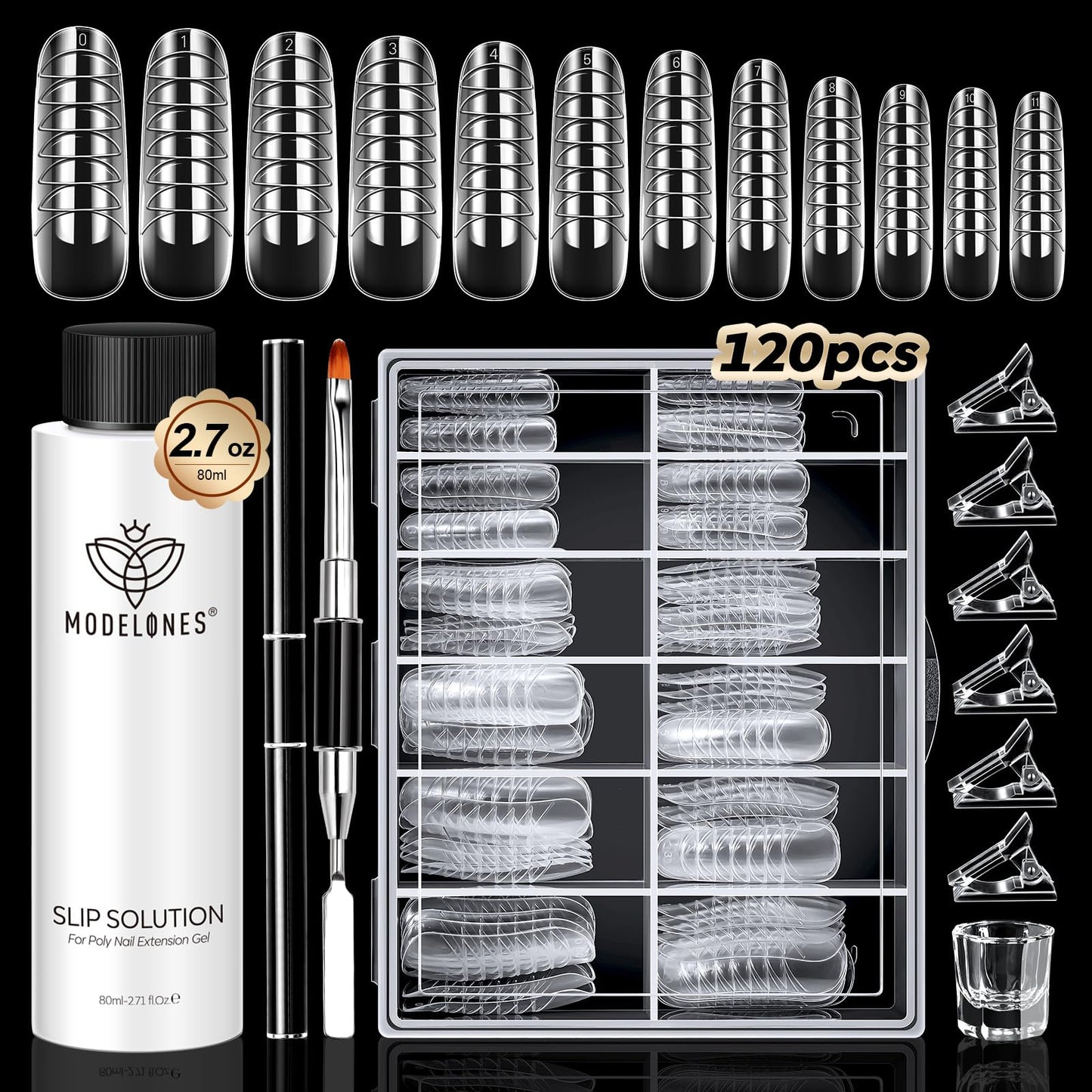 Modelones Slip Solution for Poly Gel – 2.8oz Anti-Stick Liquid with 120 Dual Nail Forms Kit