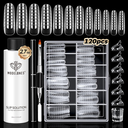 Modelones Slip Solution for Poly Gel – 2.8oz Anti-Stick Liquid with 120 Dual Nail Forms Kit