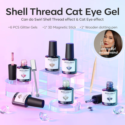 Modelones Cat Eye Gel Nail Polish Set — 6 Iridescent Mermaid Colors with Magnetic Nail Art