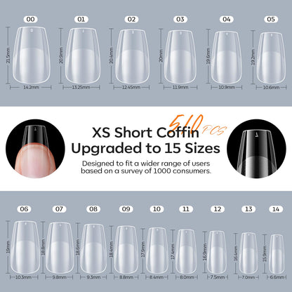 Modelones X Nail Gel Kit Short Coffin – 510pcs, 15 Sizes, 9-in-One Glue, USB UV/LED Lamp