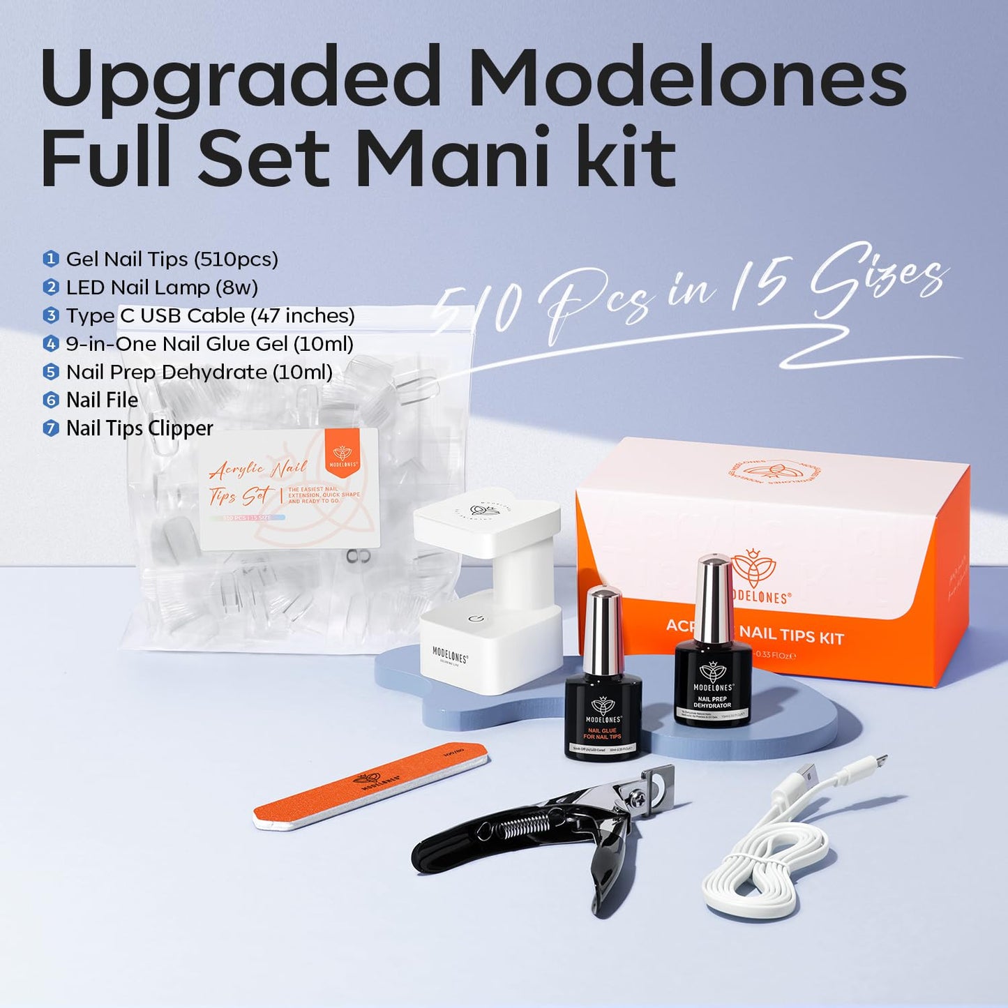 Modelones X Nail Gel Kit Short Coffin – 510pcs, 15 Sizes, 9-in-One Glue, USB UV/LED Lamp