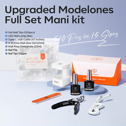 Modelones X Nail Gel Kit Short Coffin – 510pcs, 15 Sizes, 9-in-One Glue, USB UV/LED Lamp