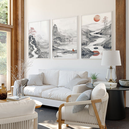 Modern Living Room Art | Set of 3 Asian Inspired Wall art Prints