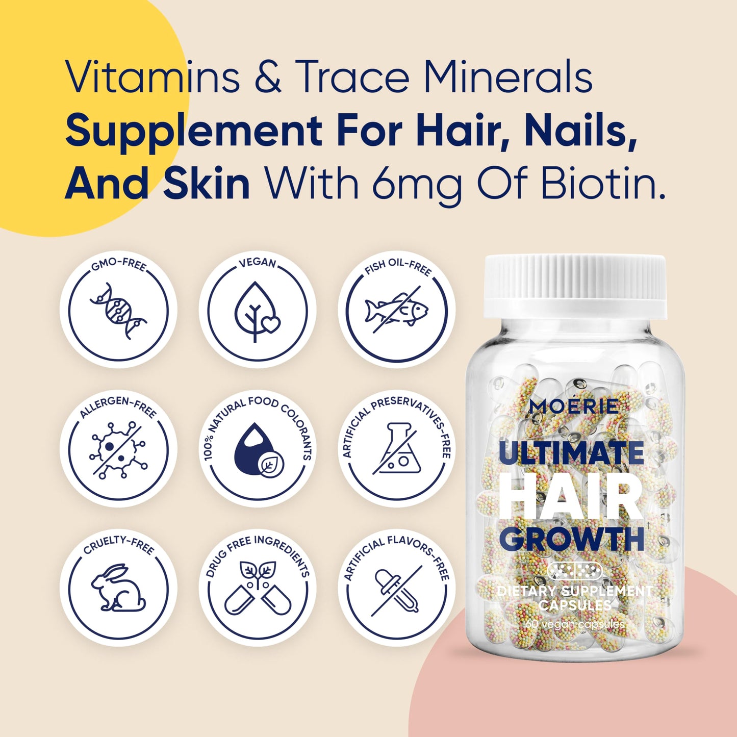 Moerie Hair Growth Supplement – Biotin, Q10 & Minerals for Thicker Hair & Nails – Beadlet Delivery – 120 Capsules