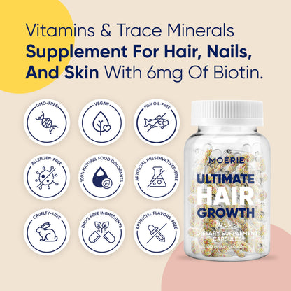 Moerie Hair Growth Supplement – Biotin, Q10 & Minerals for Thicker Hair & Nails – Beadlet Delivery – 120 Capsules