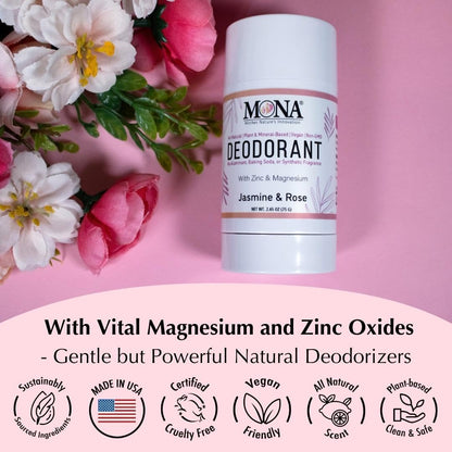 MONA All Natural Magnesium Deodorant – Jasmine Rose | Aluminum-Free for Sensitive Skin (2.65oz)