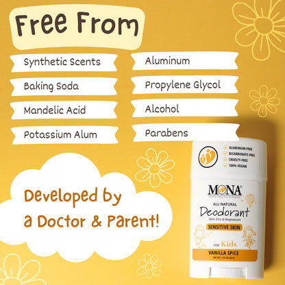 MONA Vanilla Spice Natural Deodorant for Kids – Aluminum-Free, Hypoallergenic, Vegan (1.76 oz)