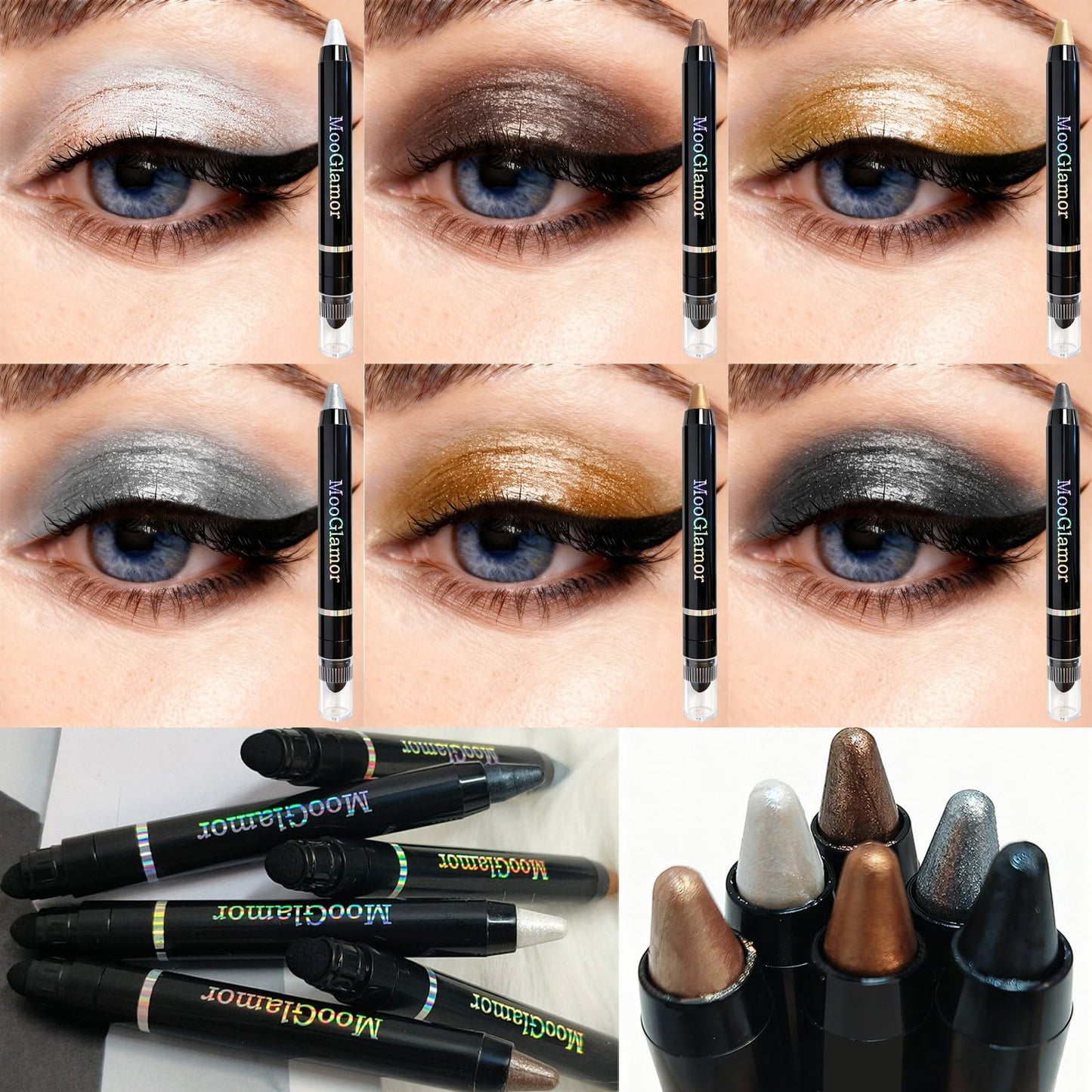 MooGlamor 6 Pcs Eyeshadow Stick Set – Shimmer Retractable Eye Shadow Pens