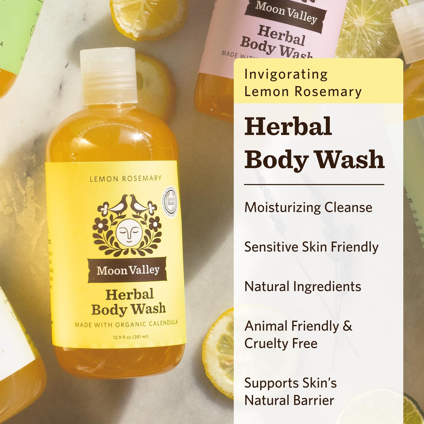 Moon Valley Organics Lemon Rosemary Herbal Body Wash – All Natural, Vegan, Two Pack