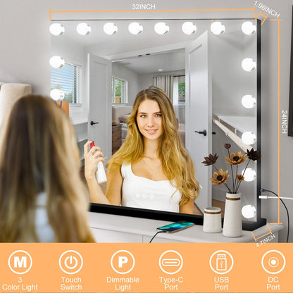 Moonee Black Vanity Mirror with Lights – 18 Dimmable Bulbs, 10X Magnifier, 3 Color Modes | Aluminum Frame (32x24)