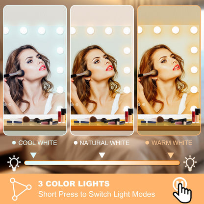 Moonee Vanity Mirror with Lights – 24 Dimmable Bulbs, 10X Magnification, 3 Color Modes, Aluminum Frame, 48" x 30"