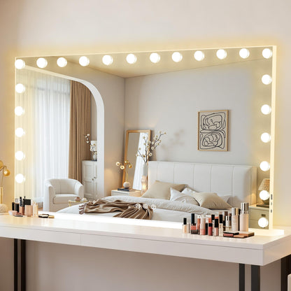 Moonee Vanity Mirror with Lights – 24 Dimmable Bulbs, 10X Magnification, 3 Color Modes, Aluminum Frame, 48" x 30"