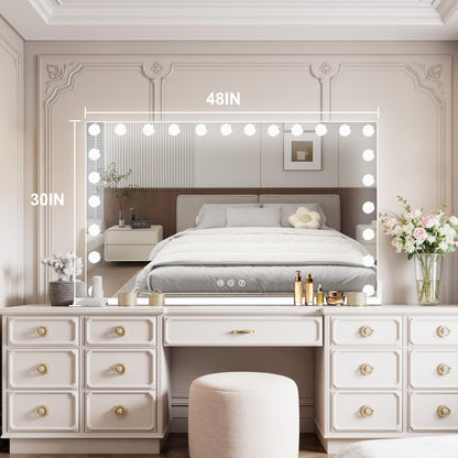 Moonee Vanity Mirror with Lights – 24 Dimmable Bulbs, 10X Magnification, 3 Color Modes, Aluminum Frame, 48" x 30"