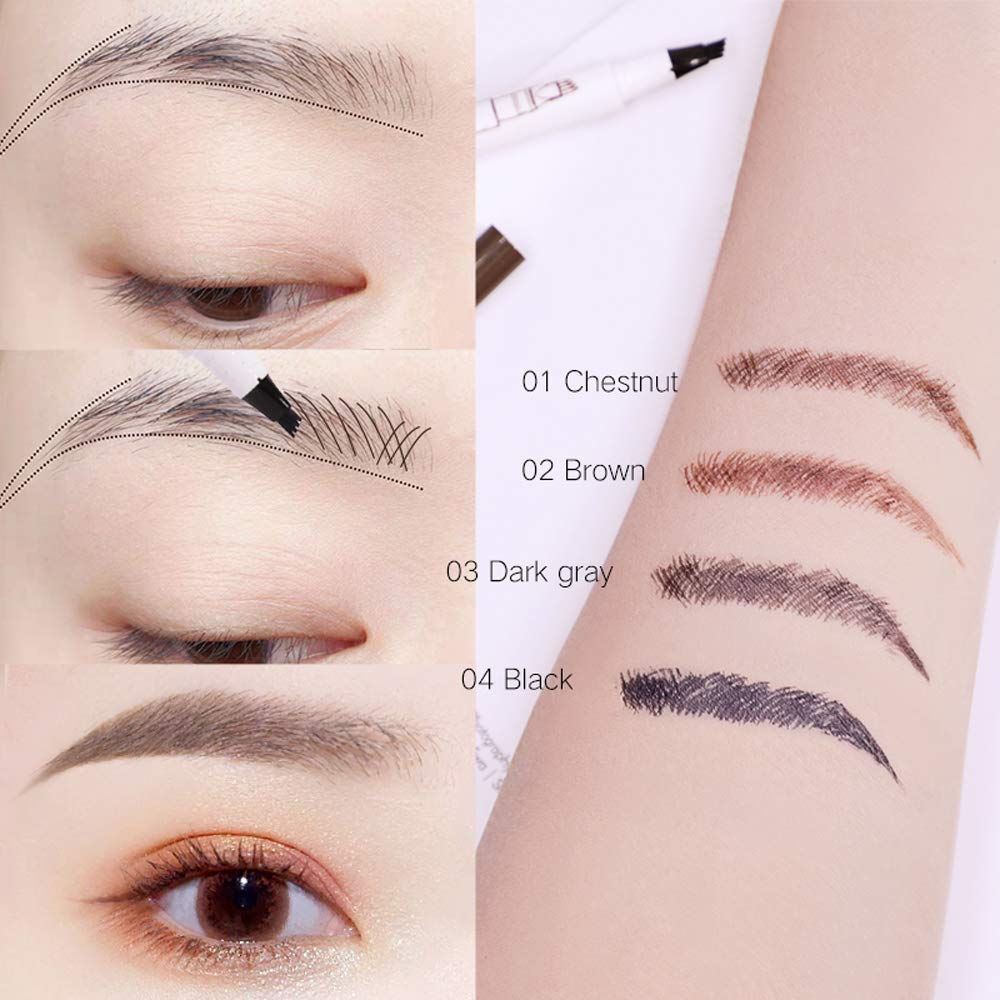 MoonKong Microblading Eyebrow Pen – 4-Tip Hair-Like Strokes with Stencils & Razor (Dark Brown/Chestnut)