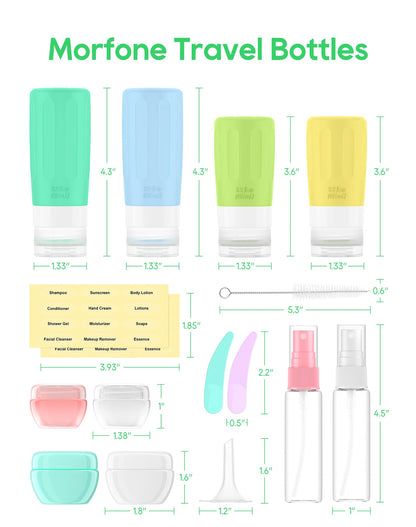 Morfone 16-Pack Travel Bottles Set – TSA Approved, Leak-Proof Silicone Containers (2oz/3oz)