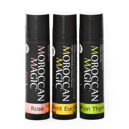 Moroccan Magic Organic Lip Balm Variety 3 Pack – Rose, Peppermint Eucalyptus, Lemon Thyme