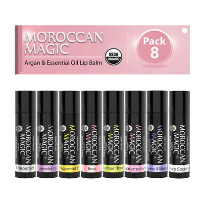 Moroccan Magic Organic Lip Balm Variety Pack Gift Set | 8-Piece, Argan Oil & Essential Oils