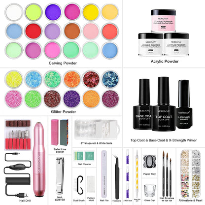 Morovan Acrylic Nail Kit for Beginners – Complete Starter Set with 3 Colors Powder & Glitter
