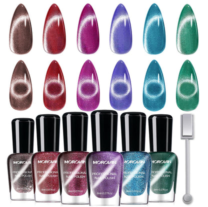 Morovan Magnetic Nail Polish Set – Cat Eye Glitter Kit (6 Colors), Quick Dry