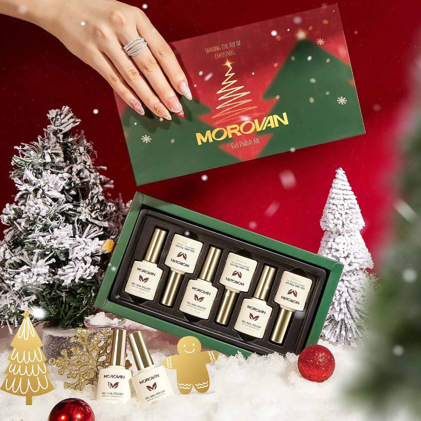 Morovan Christmas Gel Nail Polish Kit – 6 Colors (Green, Red, Gold Glitter, Silver) | Soak-Off Gel Polish for DIY Nails