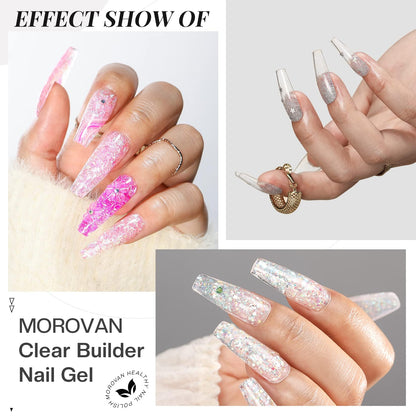 Morovan Clear Builder Gel for Nails – UV/LED Hard Gel Kit, 2oz with Forms & Brush