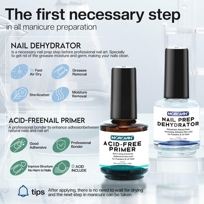 Morovan Nail Prep Dehydrator & Acid-Free Primer – 4-Piece Set for Strong Adhesion