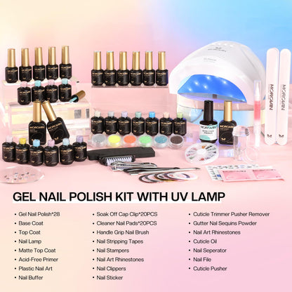 Morovan Gel Nail Polish Kit: 28 Colors, UV/LED Lamp, Base & Top Coat, DIY Manicure Set