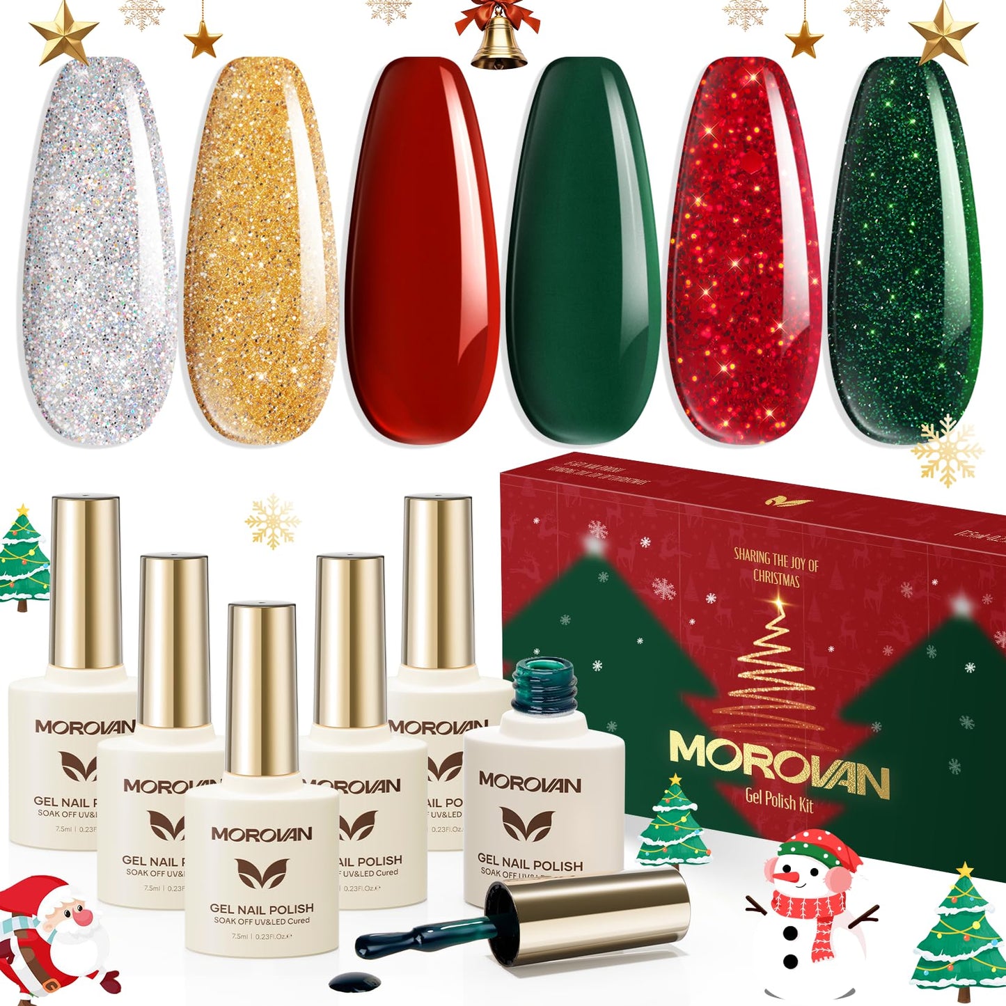 Morovan Gel Nail Polish Set – 6 Christmas Colors with UV LED Lamp for Home Salon
